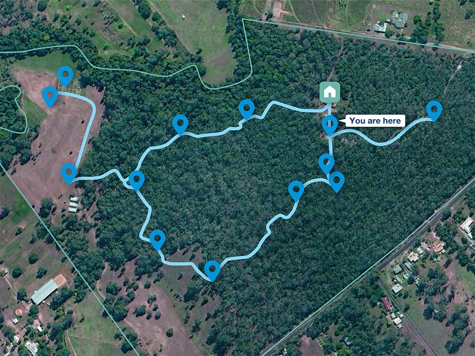 Aerial map of the Engaging Science Trail showing the walking route, points of interest and The Barracks